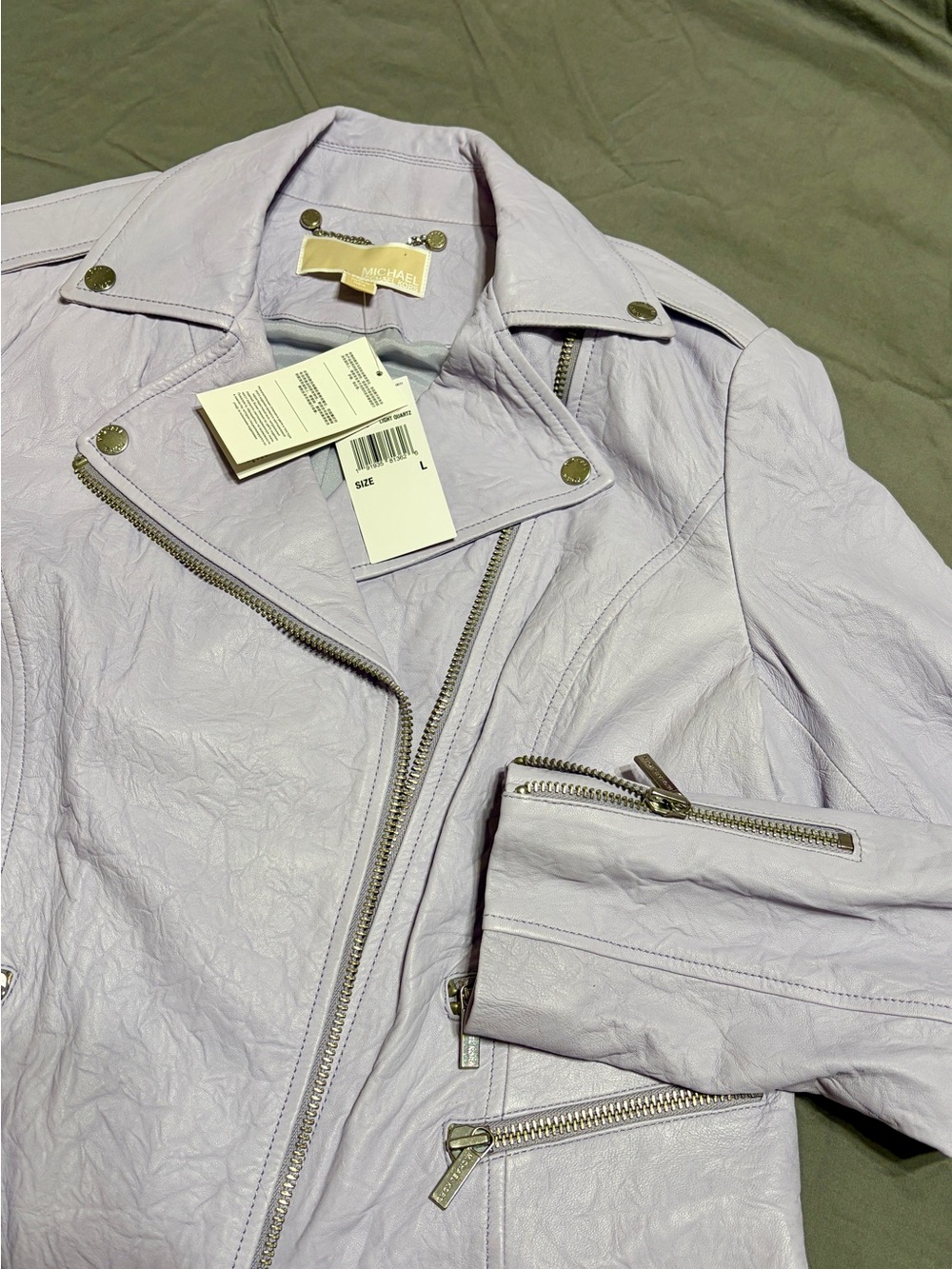 NWT Michael Kors Genuine Crinkled Leather Moto Jacket Light Quartz Lavender L